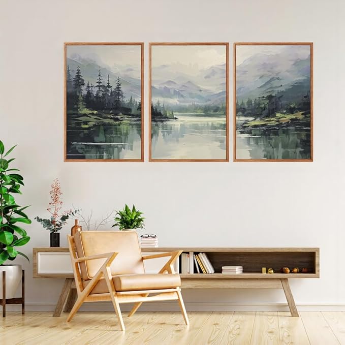 Aurlan Emerald Green Mountain Lake Landscape Framed Wall Art(16"x24"), 3PCS Abstract Forest Nature Canvas Artwork, Large Minimalist Watercolor Modern Pine Trees Scenery Decor for Office Home-Ruum Studio Home