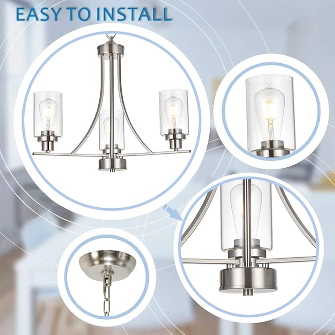 BONLICHT Contemporary Chandelier 3 Light Brushed Nickel Modern Lighting Fixtures Hanging Clear Glass Shades Pendant Light Classic Ceiling Lamp for Kitchen Dinging Room Living Room Bedroom Hallway-Ruum Studio Home