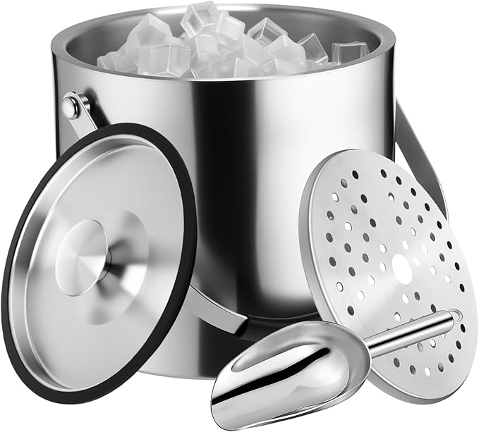 meekoo 4 L Double Wall Insulated Stainless Steel Ice Bucket with Lid, Scoop, Strainer, Handle Large Wine Ice Bucket Upgraded Cover Keep Frozen Longer for Cocktail Bar Parties(Silver)-Ruum Studio Home