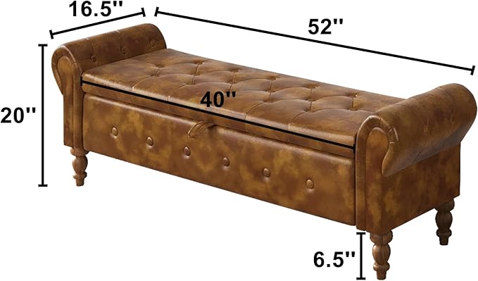 Storage Ottoman Bench for Bedroom, 52" Leather End of Bed with Rolled Arms, Upholstered Ottoman Fit for Living Room, Entryway, Faux Leather Brown-Ruum Studio Home