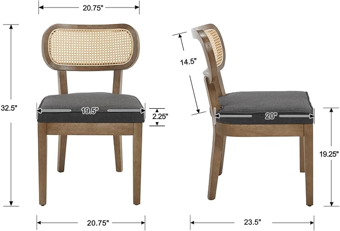 Rattan Dining Chairs Set of 4, Upholstered Linen Dining Room Chair with Cane Backrest Wooden Farmhouse Kitchen Chairs Armless Side Chair for Dining Room/Restaurant, Black-Ruum Studio Home