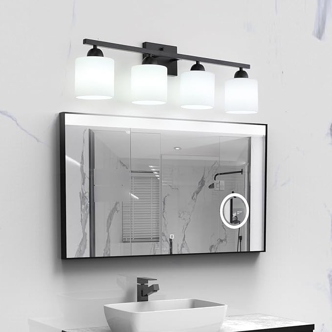 Milk Glass Vanity Lights for Bathroom, 4 Light Matte Black Bathroom Light Fixtures Over Mirror, Ceramic E26 Sockets Wall Mounted-Ruum Studio Home