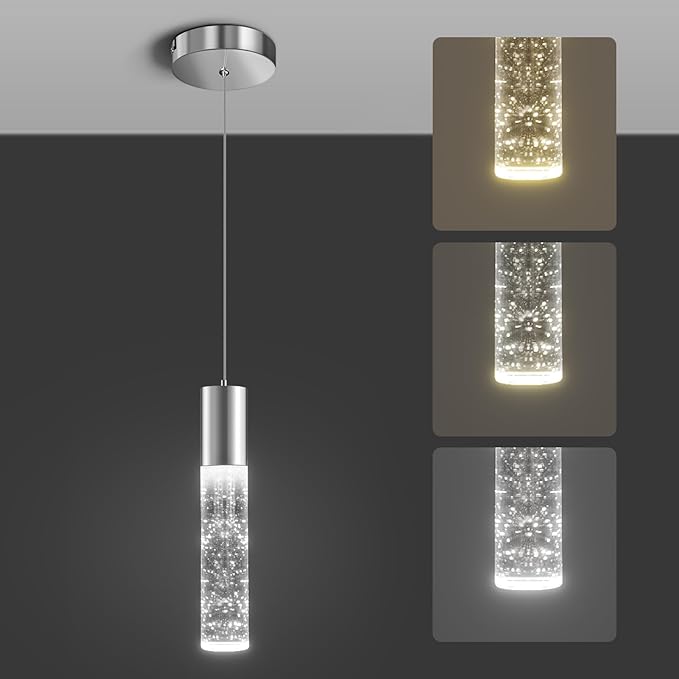 OKELI Modern Pendant Light,3 Color LED Bubble Crystal Island Light Fixtures,Chrome Mini Pendant Lighting for Kitchen Island,Bar,6W,3000-6000K,ETL-Ruum Studio Home