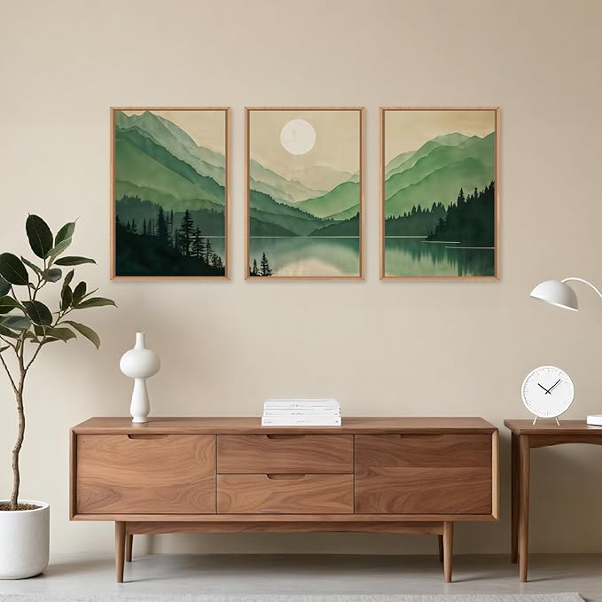 Celestdeco Watercolor Mountains Framed Canvas Wall Art Set, Boho Sun Forests Wall Decor, Green Scenery Wall Painting, Modern Woodland Artworks for Living Room, Bedroom, Dining Room, Office - 16"x24"x3-Ruum Studio Home