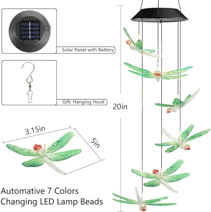 Toodour Solar Wind Chimes Outdoor, Color Changing Solar Lights Dragonfly, Gifts for Mom Grandma, Waterproof Decorative Mobile Light, Gardening Gift for Garden,Patio, Window, Yard, Outdoor Decor-Ruum Studio Home