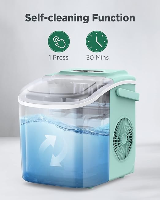Silonn Countertop Ice Maker, 9 Cubes Ready in 6 Mins, 26lbs in 24Hrs, Self-Cleaning Ice Machine with Ice Scoop and Basket, 2 Sizes of Bullet Ice for Home Kitchen Office Bar Party, Green-Ruum Studio Home