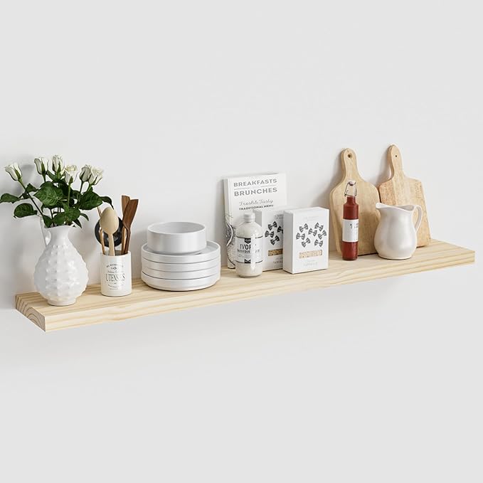 Light Wood Floating Shelves 48 Inch, 8 in Deep Single Book Shelf Floating for Wall Mounted, Heavy Duty Shelf Hold 100 lbs, Unfinished Wall Shelves for Bathroom, Living Room, Kitchen, Bedroom, Office-Ruum Studio Home
