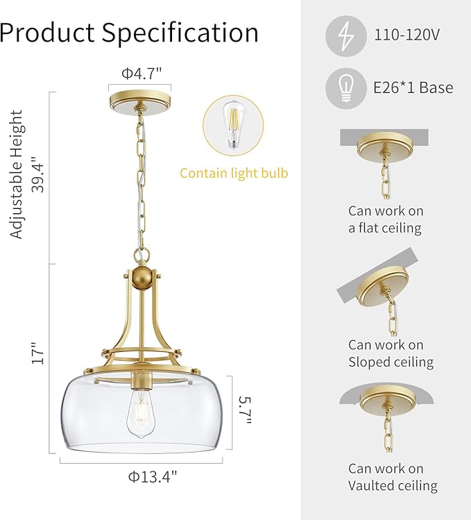 WUZUPS Chandelier Rustic Farmhouse Industrial Round Ceiling Pendant LED Light Fixture with Clear Glass Shades for Dining Room Kitchen Island Foyer Entryway, H 17" x W 13.4", E26 Base, Gold-Ruum Studio Home