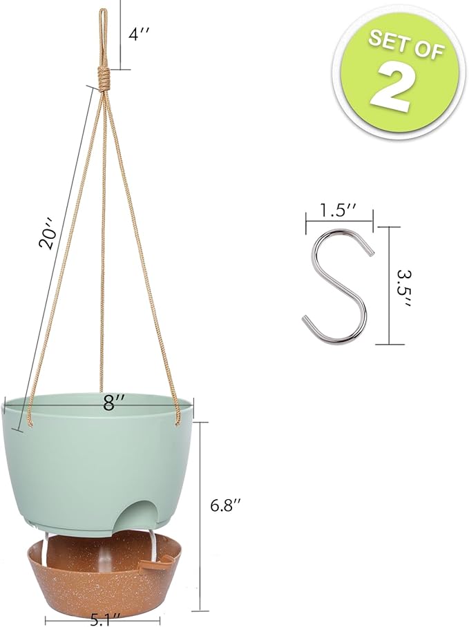 8 inch Hanging Planters, 2 Pack Self Watering Hanging Pots with 20oZ Deep Reservoir for Indoor Outdoor Plants Flowers, Green with Brown-Ruum Studio Home
