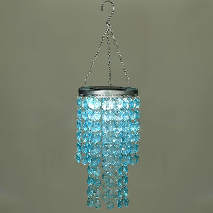 Hanging Solar Lantern Outdoor, 2 Tiers 21” Solar Blue Acrylic Beaded Chandelier with Cool White LED S Hooks for Garden Yard Patio Gazebo Outside Decor-Ruum Studio Home