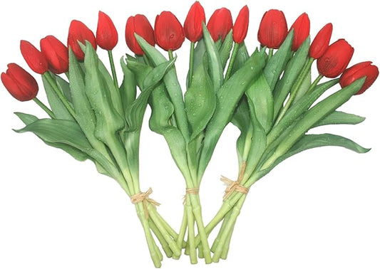 15pcs Artificial Tulips Flowers, Fake Tulips Real Touch, Faux Latex Bouquets, for Party Wedding Home Room Decoration (Red)-Ruum Studio Home
