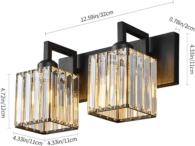 Modern Bathroom Vanity Light 2-Lights Black Crystal Bathroom Wall Light Vanity Light Fixtures-Ruum Studio Home