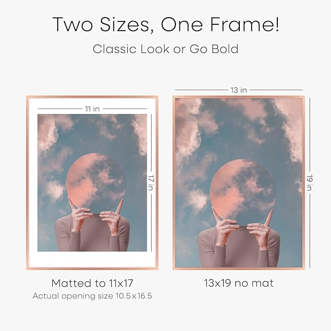 Homeforia 13x19 Picture Frame Rose Gold, High End Metal 13x19 Poster Frames with Mat 11x17 inch Photo, 13 x 19 Rose Gold Frame Matted to 11 by 17 Print, 19x13 Frame, Tempered Glass, Wall Kit, Set of 1-Ruum Studio Home