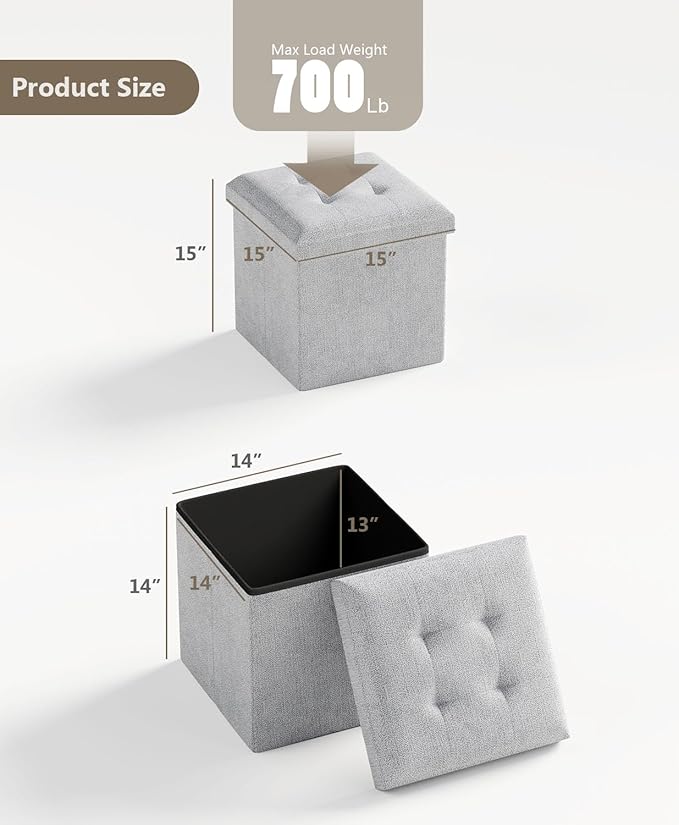 15 Inches Small Folding Storage Ottoman Cube, Storage Footrest, Foot Rest Stool, for Living Room, Bedroom, Dorm, Hallway, Entryway, Light Gray-Ruum Studio Home