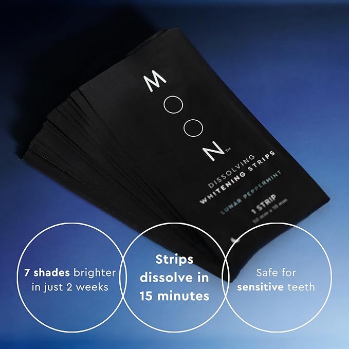 MOON Dissolving Teeth Whitening Strips - Vegan, Easy-to-Use, No Rinse White Strips - Hydrogen Peroxide and Essential Oils Infused Gentle Teeth Whitening Kit - Travel Essentials for Oral Care (14 Ct)-Ruum Studio Home