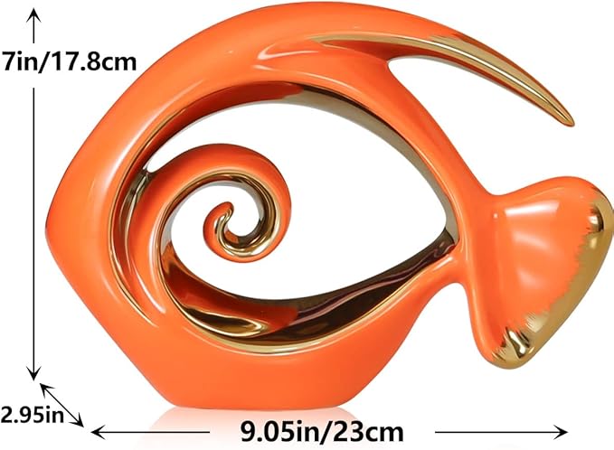 Orange Gold Ceramic Fish Figurines - Coastal Home Decor, Modern Ocean Centerpieces for Living Room, Dining Area, Bathroom, Office, Coffee Table, Beach House, Nautical, Seaside, Entrance, Shelf Display-Ruum Studio Home