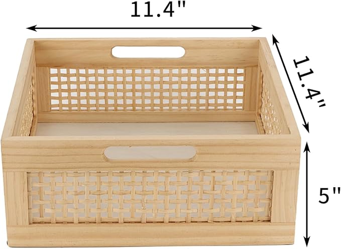 YRMT Wood Storage Crate Basket Rustic Wooden Storage Container for Organizing Decorative Bamboo Box with Handles for Pantry, Shelves Organizer 11.4" x 11.4" x 5" (Natural)-Ruum Studio Home