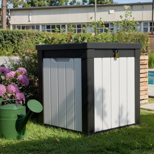 50-Gallon Outdoor Deck Box,Storage Lockable Waterproof Patio Furniture,Garden Tools,Cushions,Pool Accessories Outside Storage Resin Box(Black and White)-Ruum Studio Home