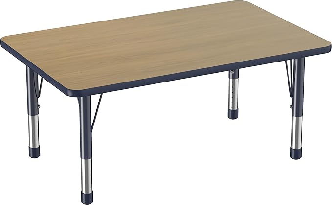 FDP Rectangle (30 x 48 inch) Classroom Table with Adjustable Chunky Toddler Legs (15-24 in); Preschool, Kinder and Daycare Furniture - Pasadena Oak Top/Navy Edge and Legs-Ruum Studio Home