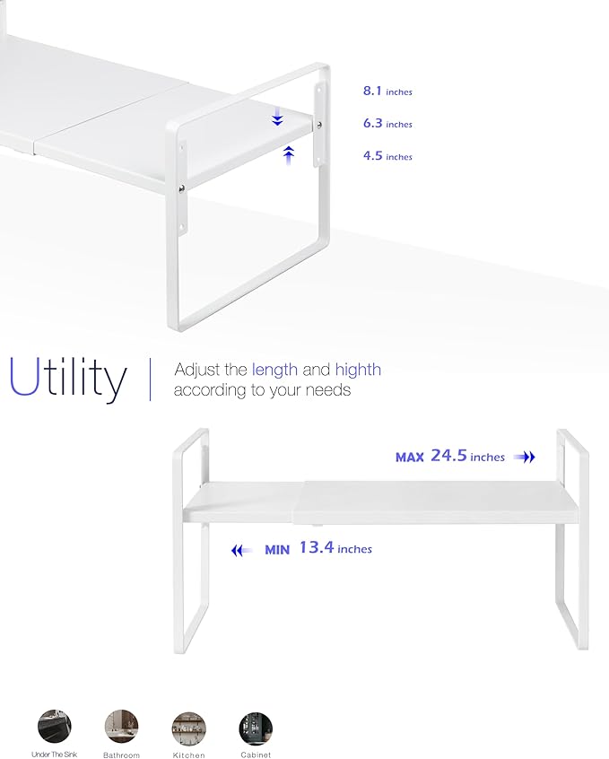 Nxconsu Cabinet Shelf Expandable Height Adjustable Shelf Organizer Riser for Kitchen Cabinet Pantry Cupboard Under Sink Countertop Organization Storage Space Saver Stackable Heavy Duty Metal White XXL-Ruum Studio Home