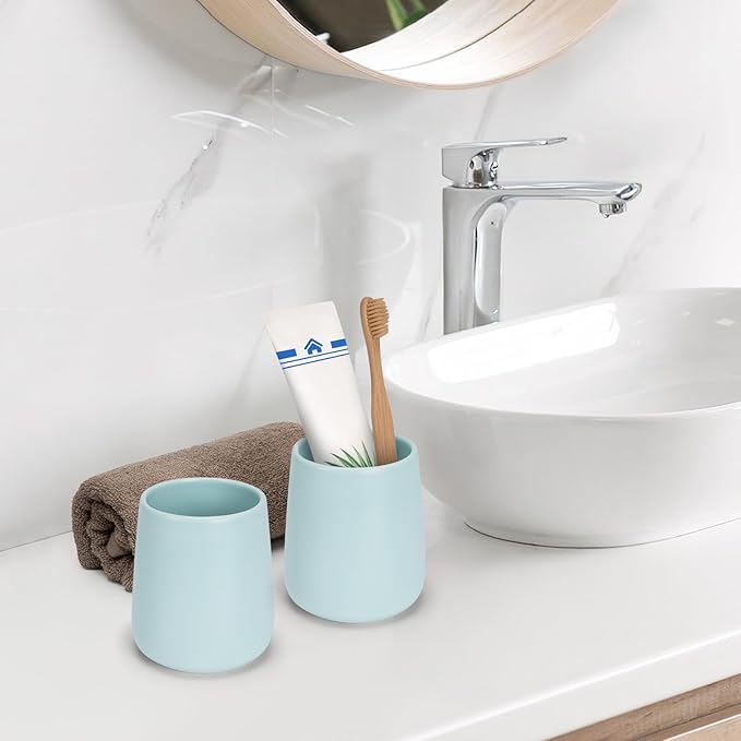 Bathroom Tumbler Cup Ceramic 13.5oz Reusable Toothbrush Cup 400ml,Toothbrush Holder Adequate for Your Bathroom (Cyan)-Ruum Studio Home