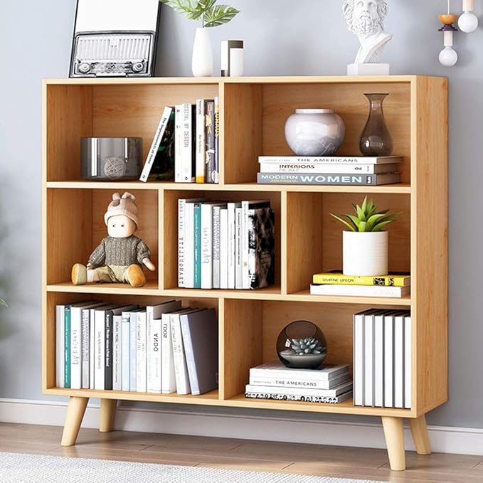 IOTXY Wooden Open Shelf Bookcase - 3-Tier Floor Standing Display Cabinet Rack with Legs, 7 Cubes Bookshelf, Pear Yellow-Ruum Studio Home