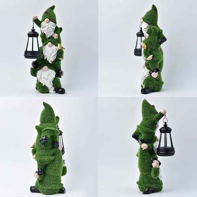 Solar Garden Three Gnome Statue Stacked Flocked with LED Light, Outdoor Waterproof Lawn Ornament Decor for Patio Lawn Yard Pathway Gift Idea for Women Mom Mothers Day-Ruum Studio Home