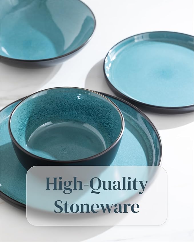 24 Piece Dinnerware Sets for 8 - Modern Style Stoneware Dinnerware Set - Scratch Resistant, Dishwasher Safe Plates and Bowls Sets Ceramic, Dish Set, Bowl and Plate Set - Black and Petrol Blue…-Ruum Studio Home
