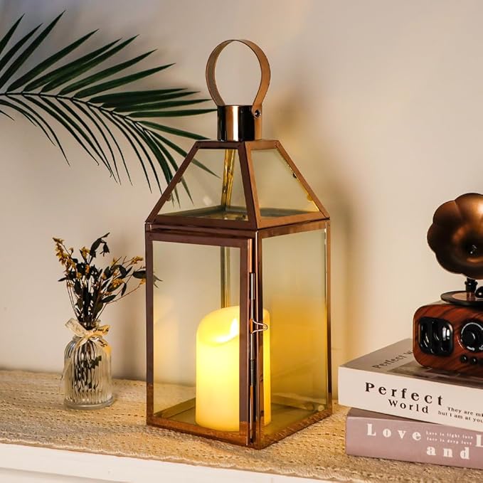 JHY Design Rose Gold Decorative Lanterns 16 inch High Stainless Steel Candle Lanterns with Tempered Glass for Indoor Outdoor Events Parities and Weddings-Ruum Studio Home