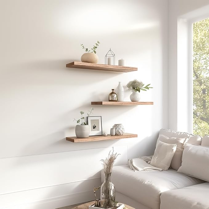 Light Wood Floating Shelves for Wall Rustic Wall Shelves for Bedroom Set of 6-Ruum Studio Home