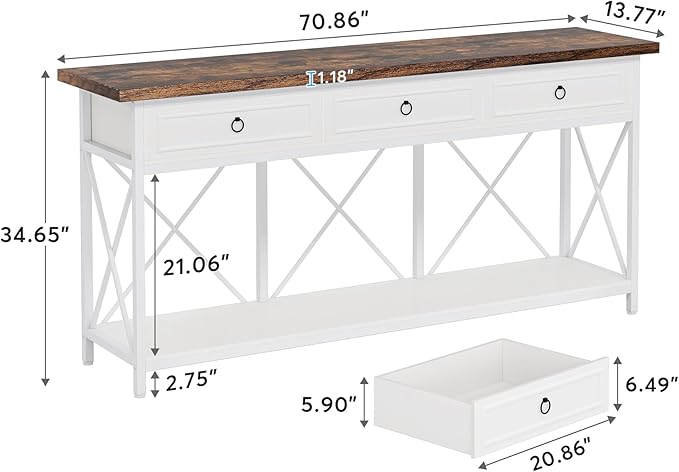 Tribesigns 70.8" Console Table with 3 Drawers, Farmhouse Entryway Table with Storage Shelf, Narrow Long Sofa Foyer Table for Entryway, Hallway (White/Brown)-Ruum Studio Home