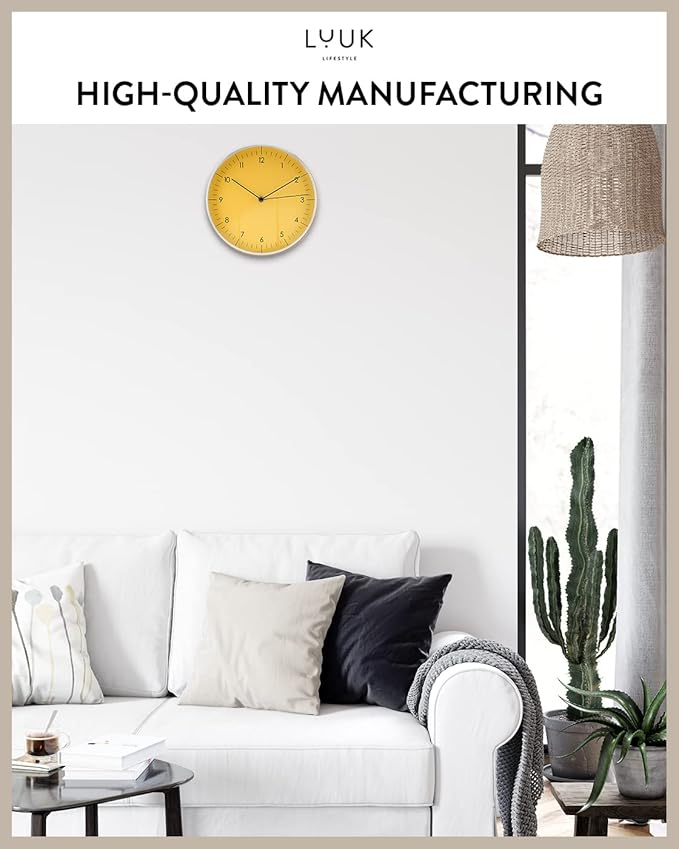 LUUK LIFESTYLE 10” Quartz Wall Clock with Silent Movement, Timeless Scandinavian Design, Kitchen Wall Clock, Decoration for Children's Room, Yellow and Silver-Ruum Studio Home