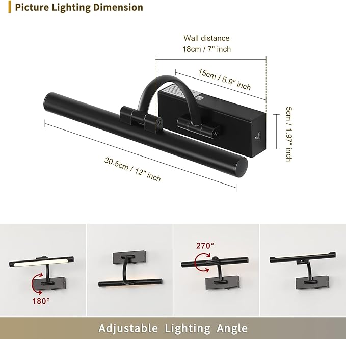Battery Operated Picture Lights for Wall Black Art Light Wireless Gallery Lights with Timer and Remote 12 Inch 2W Warm White-Ruum Studio Home