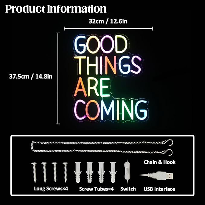 Good Things Are Coming Neon Sign Colorful Letters Neon Lights Signs Motivational Decor Inspirational Quotes LED Neon Signs for Wall Bedroom Bar Office Man Cave Dorm Decor Birthday Gifts-Ruum Studio Home