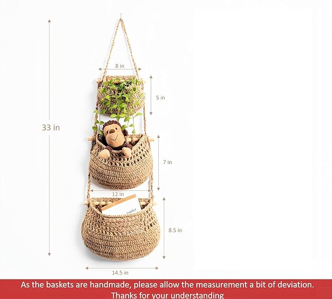 Hanging Fruit Basket, 3 Tier Woven Jute Wall Hanging Basket for Organizing, Hanging Produce Basket for Fruit & Vegetable Storage, Boho Kitchen Decor, Wall Basket Storage for Kitchen, Bedroom, Bathroom-Ruum Studio Home