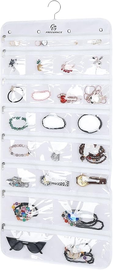 Freegrace Hanging Jewelry Organizer Revolving Hanger - Secure Zipper Closure - 25 Pockets,23 Hooks - Foldable Storage & Display Solution - For All Jewelry & Bijoux (White)-Ruum Studio Home