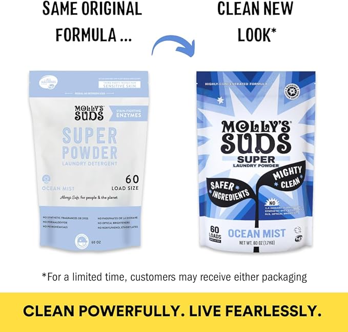 Molly's Suds Super Powder Detergent | Extra Strength Laundry Soap, Stain Fighting | Sensitive Skin | Simple, Effective Ingredients | 60 Loads - Ocean Mist-Ruum Studio Home