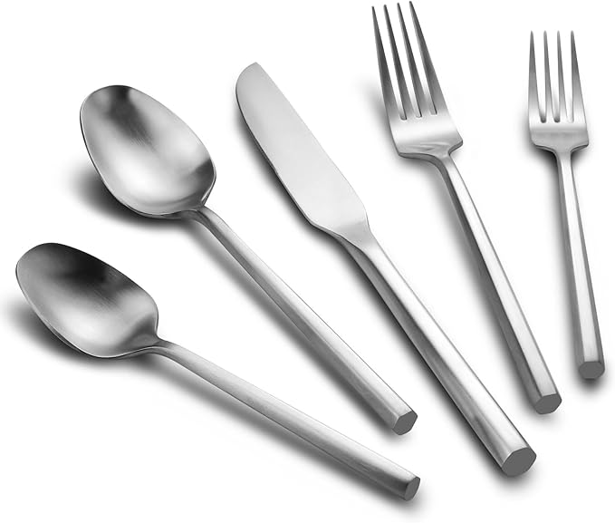 Silverware Set Flatware Set Matte Silver Cutlery Set with Hexagon Handle Forged Stainless Steel 20 Pieces for Home Hotel Use Service for 4-Ruum Studio Home