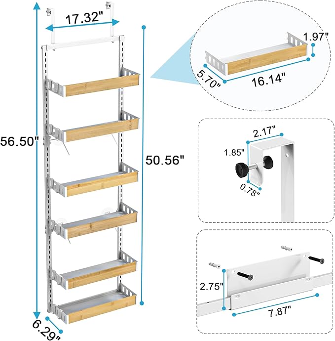 bukfen Over the Door Pantry Organizer 6-Tier Adjustable Basket Kitchen Pantry Door Organization and Storage, 2 in 1 Wall Mount or Hanging Heavy-Duty Metal Hanging Kitchen Spice Rack,White Bamboo Color-Ruum Studio Home
