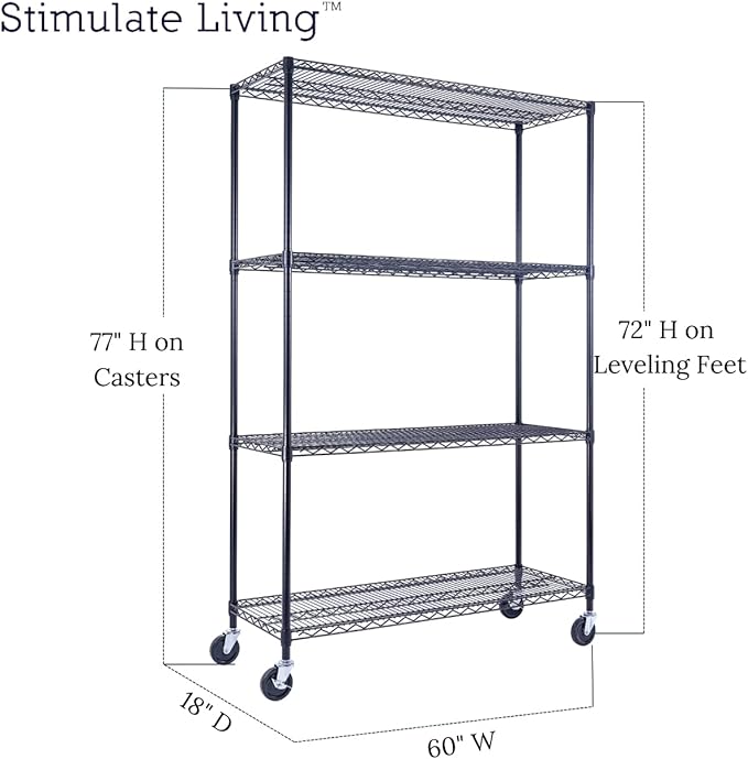 60"x18"x72" Prime Heavy Duty Black 4-Tier Wire Shelving NSF 3200 LBS MAX Capacity Storage Rack for Commercial, Hospital, School, Garage, and Kitchen Uses (with Wheels)-Ruum Studio Home