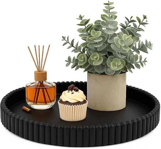 11.8in Decorative Tray for Coffee Table Decor- Modern Oval Concrete Tray for Home Decor- Minimalist Handcrafted Centerpieces Tray for Living Room, Kitchen Dining Table, Entryway (Black)-Ruum Studio Home