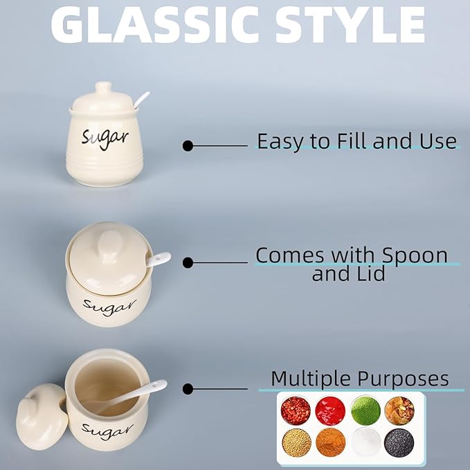 HAOTOP 12oz Sugar Bowl with Lid and Spoon,Ceramic Sugar Jar Sugar Dispenser Sugar Container Coffee Bar Accessories, Kitchen Countertop Canisters, Beige-Ruum Studio Home