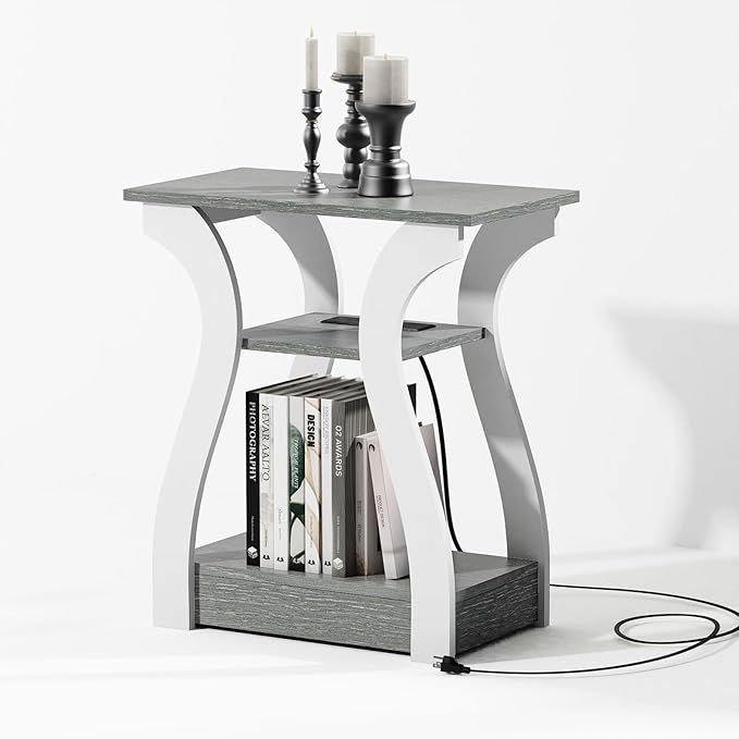 End Tables Living Room, Grey End Table with Charging Station, Grey Side Table, Nightstand for Bedroom, 3 Tier End Table with Storage Shelf for Living Room-Ruum Studio Home