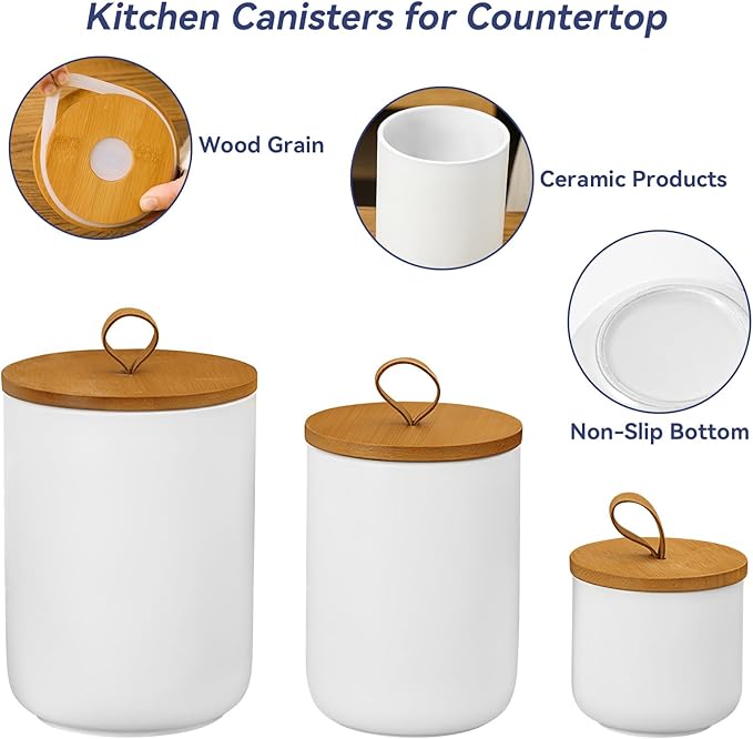 Ceramic Storage Jars, Modern Elegant Polished Airtight Gorgeous Storage Canisters with Wooden Lid Small Food Stroage Jar for Kitchen Spice Tea Vanilla Sugar Coffee Beans (3Pcs Suit White)-Ruum Studio Home
