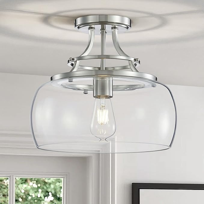 WUZUPS Chandelier Rustic Farmhouse Industrial Round Semi-flushmount Ceiling LED Light Fixture with Clear Glass Shades for Bathroom Kitchen Foyer Entryway, H 11.8" x W 13.4", E26 Base, Brushed Nickel-Ruum Studio Home
