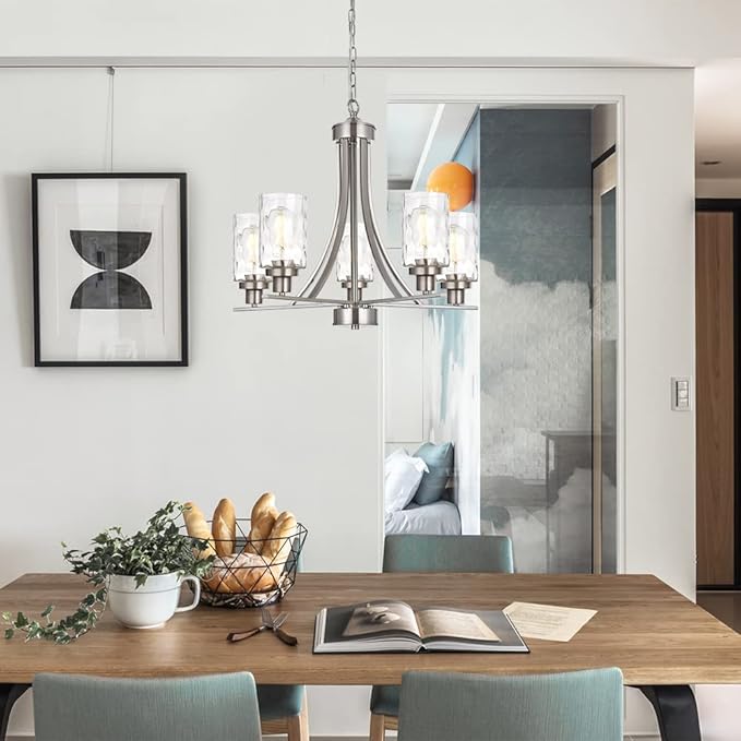 BONLICHT 5 Light Modern Chandeliers Brushed Nickel Kitchen Island Dining Room Lighting Fixtures Ceiling Hanging Clear Hammered Glass Pendant Lamp Transitional Pendant Lights for Living Room Foyer-Ruum Studio Home