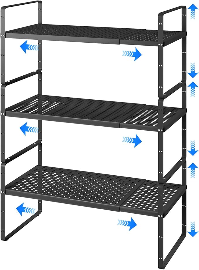 Expandable Kitchen Shelf Organizers, Kitchen Cabinet Organizer Stand Rack Organization for Countertop Cupborad Pantry, Black 3 Pack-Ruum Studio Home