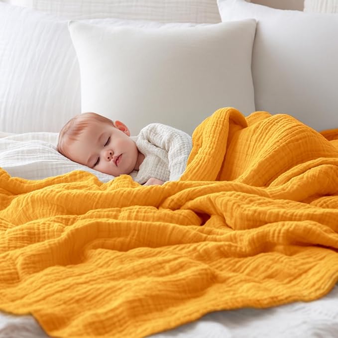 EMME Muslin Baby Blankets 100% Cotton 4-Layer Swaddle 40"x50" Lightweight Soft Breathable for Toddler, Infant, Newborn All Season Gauze Blanket, Mustard Yellow-Ruum Studio Home