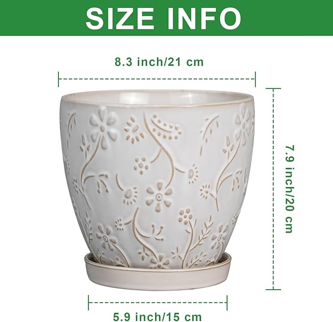 8 Inch Ceramic Pots for Plants Large Planter Pot with Drainage Hole and Saucer Round Flower Pot for Indoor Outdoor Decor, White-Ruum Studio Home