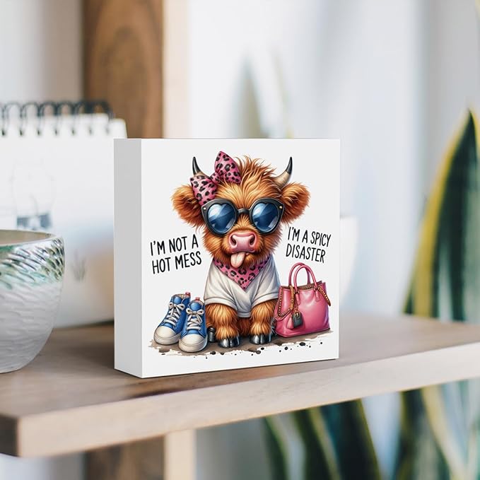 Funny Cute Highland Cow Baby Decor, Cow With Pink Bow, Highland Cow Gifts for women, Western Highland Cow Nursery Decor, Wooden Box Decor Sign for Home Farmhouse Office Living Room Table Shelf-Ruum Studio Home